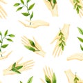 Seamless pattern with watercolor arms with green plants. Hand drawn illustration isolated on white