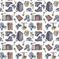 Seamless pattern watercolor army accessories: gas mask, retro file folder, oil stove, military tourism backpack, boots