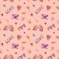 Seamless pattern with watercolor arrow, envelope, hearts, rainbow, ribbon. Isolated hand drawn illustration