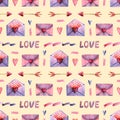 Seamless pattern with watercolor arrow, envelope, hearts, ribbon. Hand drawn illustration isolated on beige