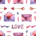 Seamless pattern with watercolor arrow, envelope, hearts, ribbon. Hand drawn illustration isolated on white