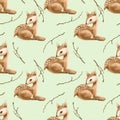 Seamless pattern with watercolor baby deers and tree branches Royalty Free Stock Photo