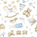 Seamless Pattern with Watercolor Baby Toys such as retro rocking horse and teddy bear on isolated background. Hand drawn