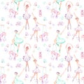 Seamless pattern with watercolor ballet dancers, puppet unicorns, butterflies and pointe shoes