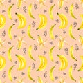 Seamless pattern of watercolor bananas with brush strokes. Isolated bright illustration. Hand painted fruits and drops