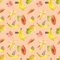 Seamless pattern of watercolor bananas, papaya, abstract spots, brush strokes. Isolated bright illustration. Hand painted fruits