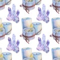 Seamless pattern watercolor bandaged aroma white candle and crystals for yoga or meditation on white background. Hand