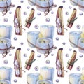 Seamless pattern watercolor bandaged aroma white candle, palo santo and pearl for yoga or meditation on white background