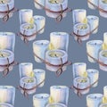 Seamless pattern watercolor bandaged aroma white candle for yoga or meditation on blue background. Hand drawn magic