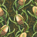 Seamless pattern of watercolor banksia and golden branches. Hand drawn illustration. Exotic plants