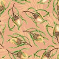 Seamless pattern of watercolor banksia and palm leaves. Hand drawn illustration. Exotic plants
