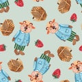 Seamless pattern with watercolor bears, raspberries and baskets