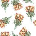 A seamless pattern with the watercolor beautiful bouquets of the red and yellow roses on a white background Royalty Free Stock Photo