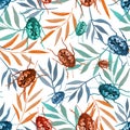Seamless pattern with watercolor beetles and colorful branches
