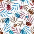 Seamless pattern with watercolor beetles and colorful branches