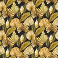 Seamless pattern of watercolor beige and golden dried fan palm leaves and pampas grass