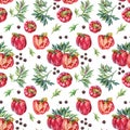 Seamless pattern watercolor bell pepper and greenery parsley and black peppercorn on white background. Hand-drawn sweet