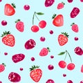 Seamless pattern with watercolor berries on blue background. Hand painted colorful illustration. Royalty Free Stock Photo