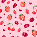 Seamless pattern with watercolor berries on pink background. Hand painted colorful illustration. Royalty Free Stock Photo