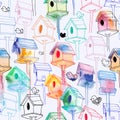 Seamless pattern with watercolor birdhouse on white background. Hand-drawn bird houses in line style with watercolor