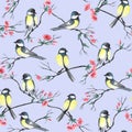 Seamless pattern with watercolor birds sitting on a branches with flowers