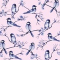 Seamless pattern with watercolor birds sitting on a branches with flowers