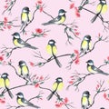 Seamless pattern with watercolor birds sitting on a branches with flowers