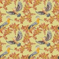 Seamless pattern with watercolor birds on a yellow background.