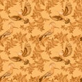 Seamless pattern with watercolor birds on a yellow background.