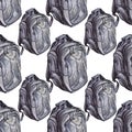 Seamless pattern watercolor black army military tourism backpack on white background. Back to school. Hand-drawn art for