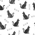 Seamless pattern with watercolor black cats and fishbones.