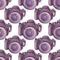 Seamless pattern watercolor black purple camera on white background. Professional hobby. Hand drawn art creative tool