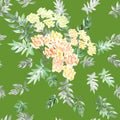 Seamless pattern watercolor of blossoming spring branch with yellow flowers and gray and green leaves on a green background Royalty Free Stock Photo