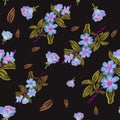 Seamless pattern with watercolor blue apple flowers on black background. Hand drawing. Summer/spring pattern. Print, packaging, wa Royalty Free Stock Photo