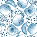 Seamless pattern with watercolor blue peaches