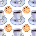 Seamless pattern watercolor blue porcelain cup with saucer of hot aromatic coffee for breakfast and biscuit cracker on