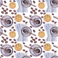 Seamless pattern watercolor blue saucer, coffee bean, cezve, cookies cracker, biscuit on white. Breakfast or lunch