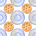 Seamless pattern watercolor blue saucer and cookies cracker with salt, biscuit on white background. Breakfast or lunch