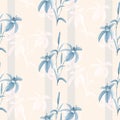 Seamless pattern watercolor of blue and white flowers on a light beige background with gray vertical stripes Royalty Free Stock Photo