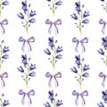 Seamless pattern with watercolor bluebells and bows of light-blue ribbon