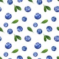 Seamless pattern with watercolor blueberries and leaves isolated on white background Royalty Free Stock Photo