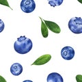 Seamless pattern with watercolor blueberries and leaves isolated on white background Royalty Free Stock Photo