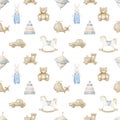 Seamless Pattern with watercolor boho Baby Toys such as wooden rocking horse, teddy bear, car and whirligig. Hand drawn