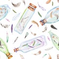 Seamless pattern with watercolor bottles and air feathers inside