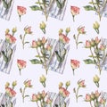 Seamless pattern watercolor branch pink roses and green leaves with towel isolated on grey background. Spring summer Royalty Free Stock Photo