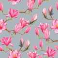 Seamless pattern with watercolor branches of blooming magnolia. Drawing of pink magnolia flowers Royalty Free Stock Photo