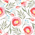 Seamless pattern with watercolor branches, flowers and berries Royalty Free Stock Photo