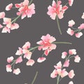 Seamless pattern with the watercolor branches with the pink and red Delphinium flowers