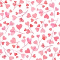 Seamless pattern with watercolor branches with pink and red heart shaped leaves isolated on white background. Useful Royalty Free Stock Photo