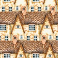 Seamless pattern with watercolor brick houses. Hand drawn illustration of old town street. Vintage template